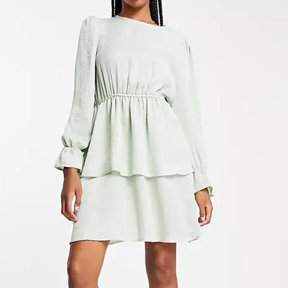 Anthropologie Flounce London Tall satin tiered mini dress in sage green - Picture 3 of 11